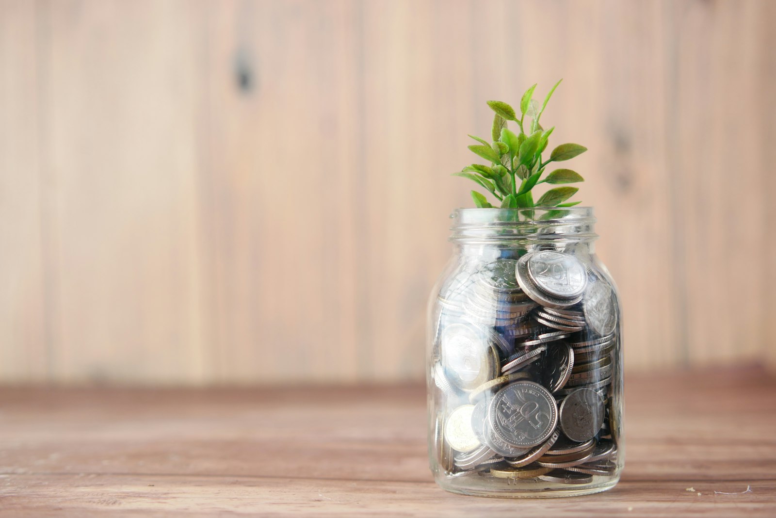 Coins in a glass jar with a small plant growing out of it, representing long-term savings growth